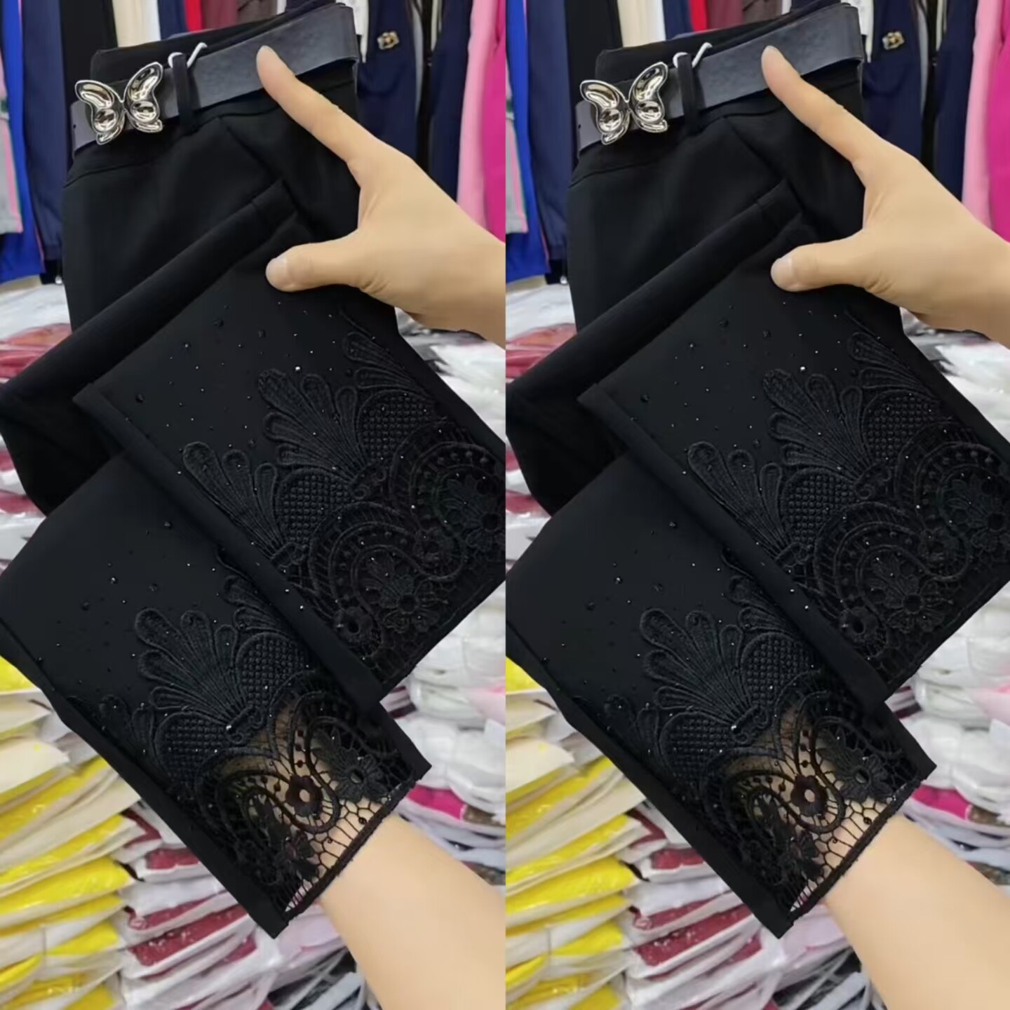 高腰蕾丝拼接显瘦弹力烟管裤女