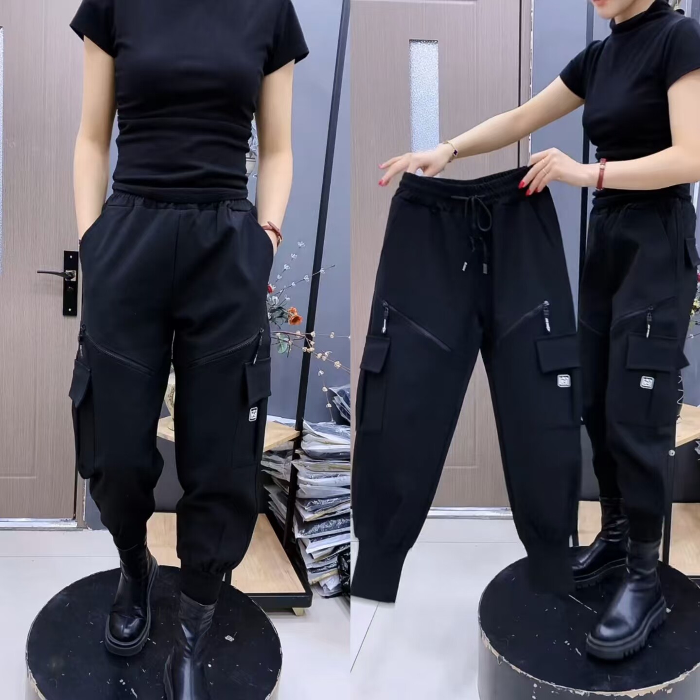 高腰多口袋束脚工装哈伦裤显瘦