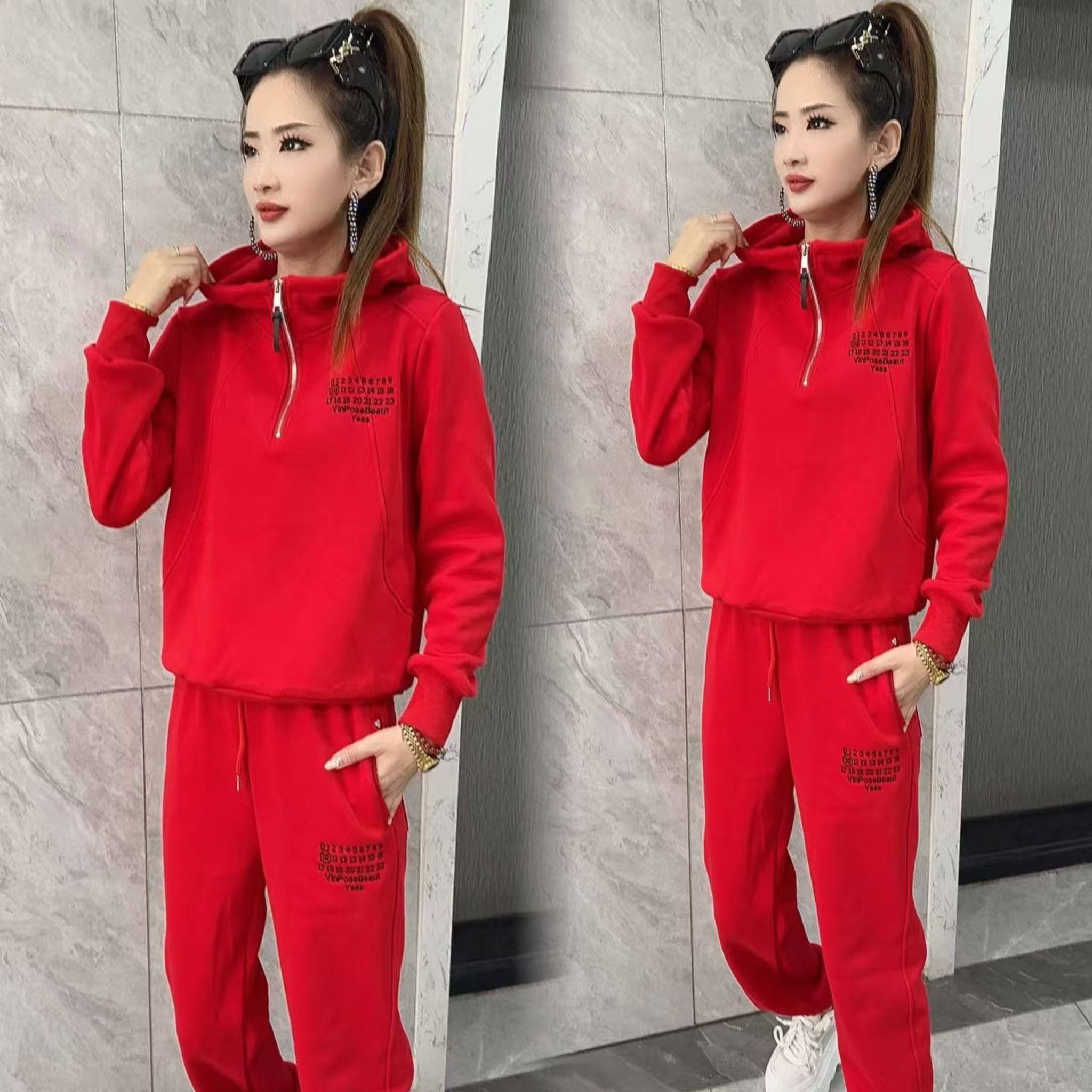 本命年红色加绒女两件套洋气连帽卫衣九分束脚裤休闲套装拉链外套