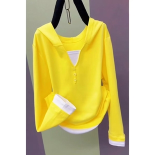 糖果色假两件连帽衫短款遮肉显瘦T恤上衣2025年秋季新款减龄卫衣