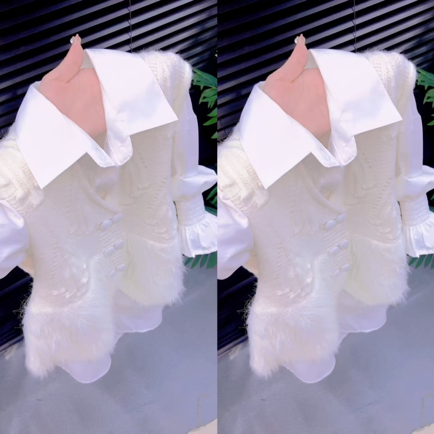 短款流苏针织马甲+衬衫两件套