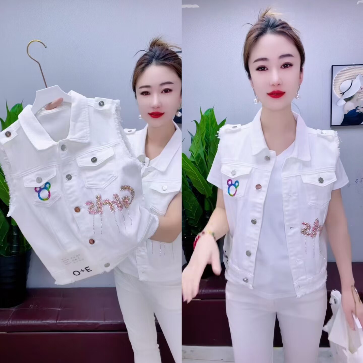 白色牛仔重工钉珠马甲女春夏上衣