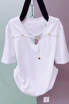 新款美背蝴蝶短袖V领纯色显瘦半袖上衣2024年夏季时尚设计感T恤衫