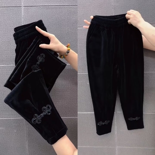 国风盘扣丝绒哈伦裤 2026年春 女九分高品质松紧腰显瘦束脚休闲裤