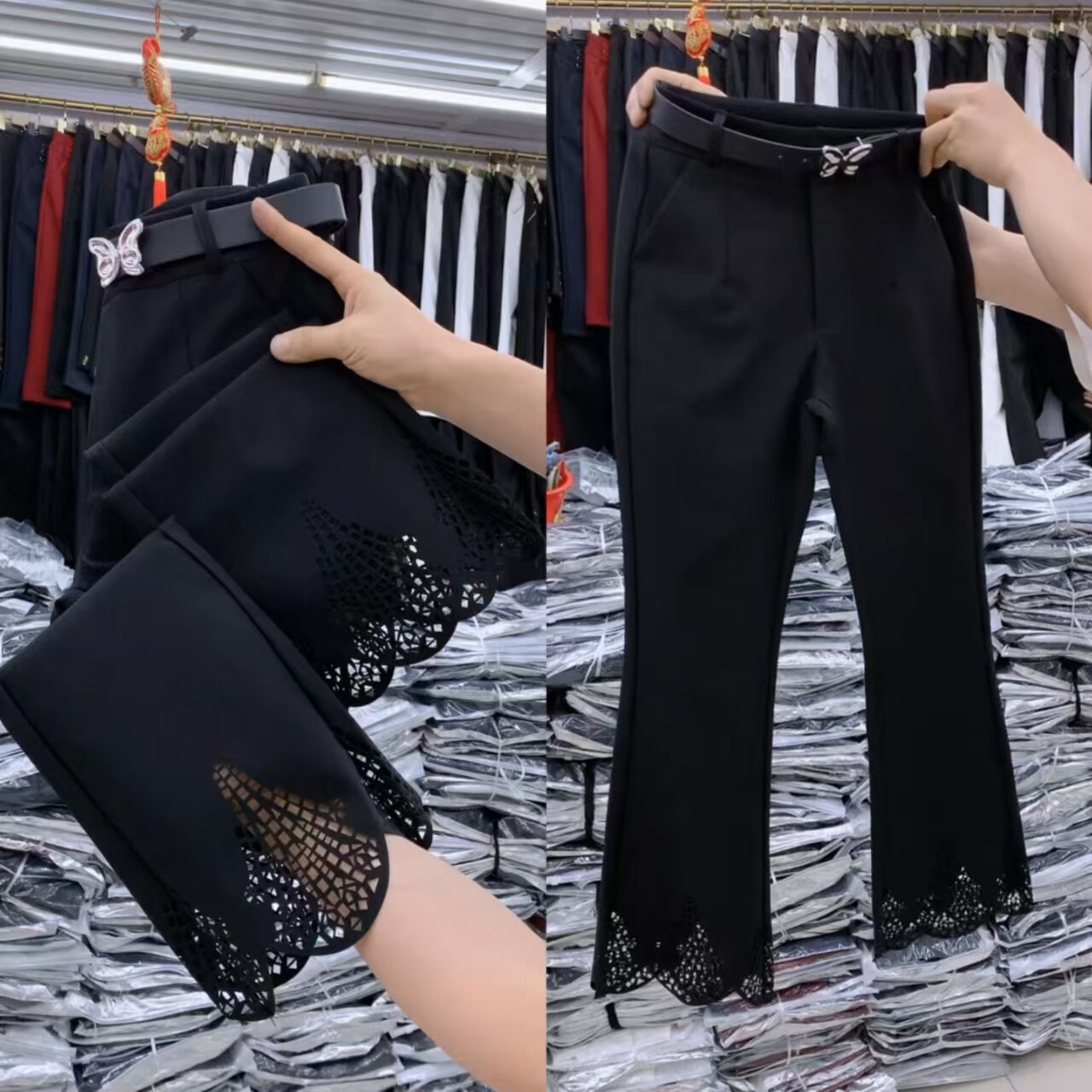 高腰显瘦九分黑色蕾丝微喇女裤