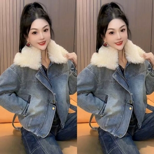 欧货薄棉牛仔外套短款洋气毛毛领上衣2026年新款品质宽松休闲外衣