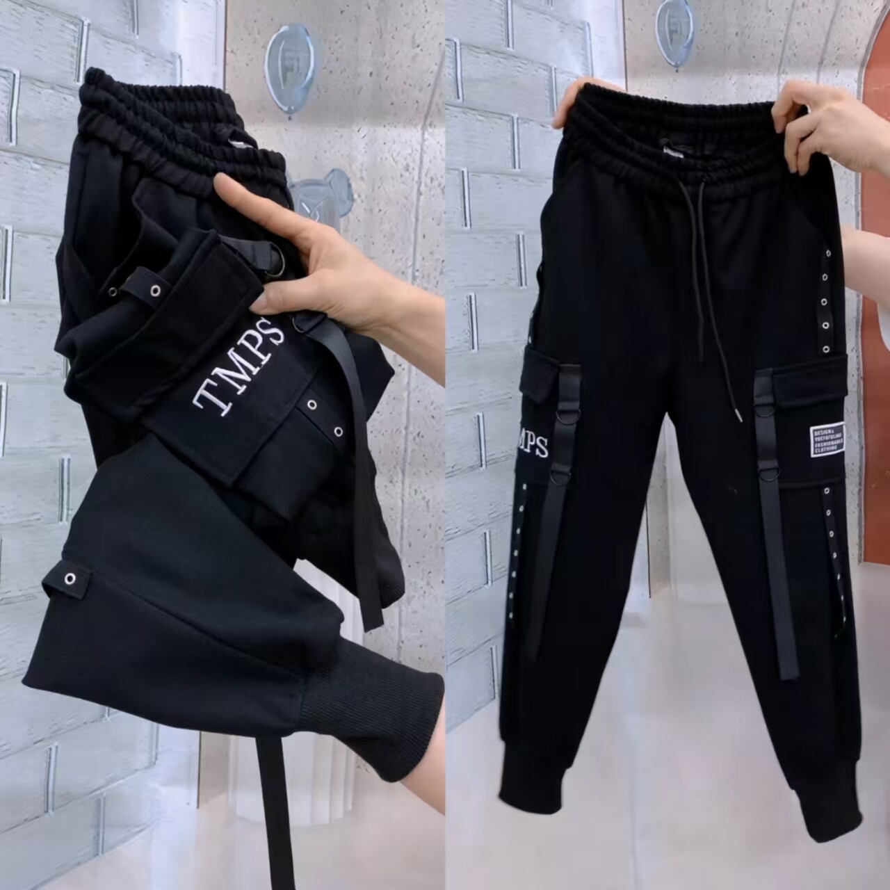 黑色工装束脚九分显瘦女休闲裤