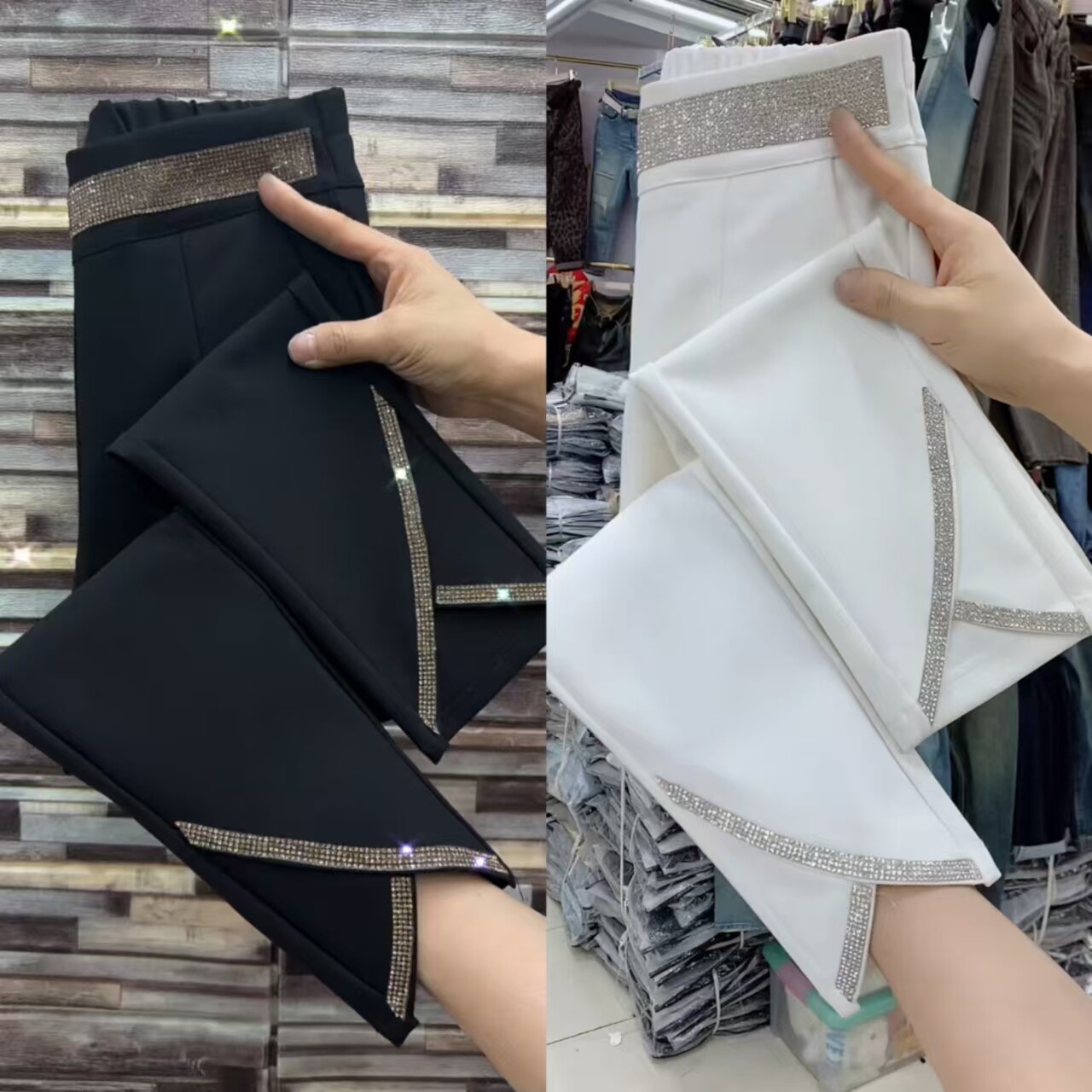 高腰烫钻显瘦九分小脚西装裤女