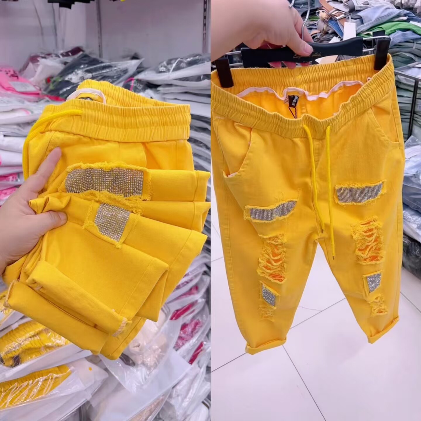 破洞高腰显瘦九分糖果色休闲裤
