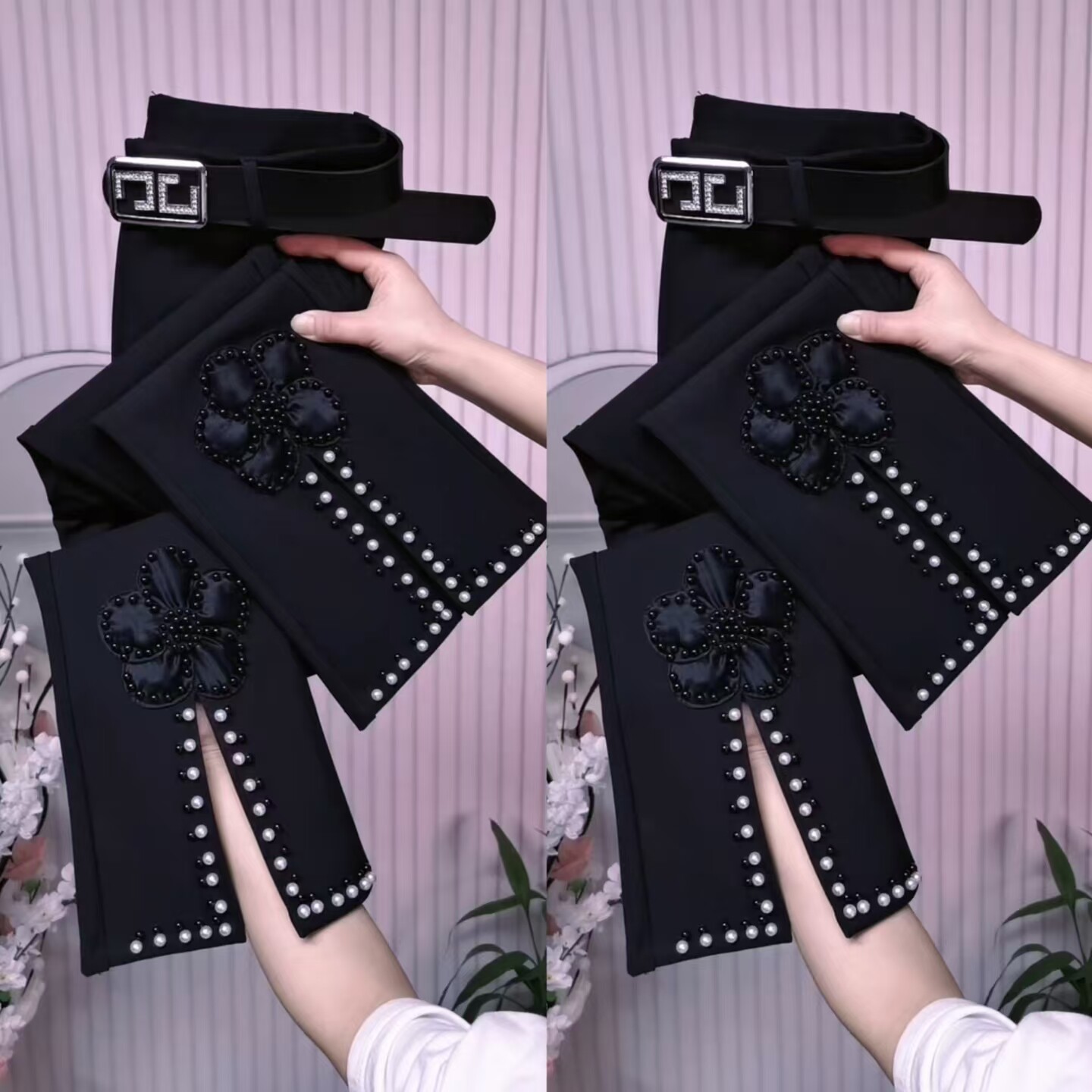 黑色高腰弹力微喇西装裤女百搭
