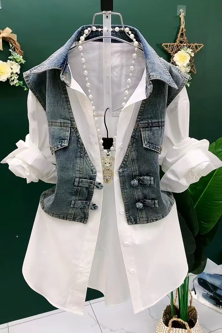 拼接牛仔马甲衬衫女洋气外套上衣