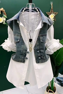 牛仔马甲拼接衬衫假两件套女时尚polo领纽扣衬衣秋季洋气盘扣衬衫