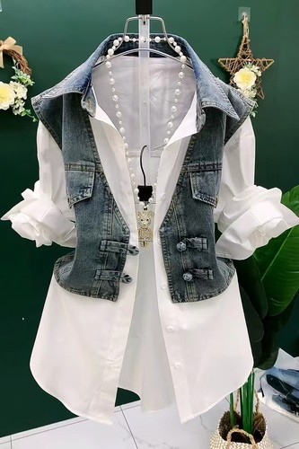 拼接牛仔马甲衬衫女洋气外套上衣