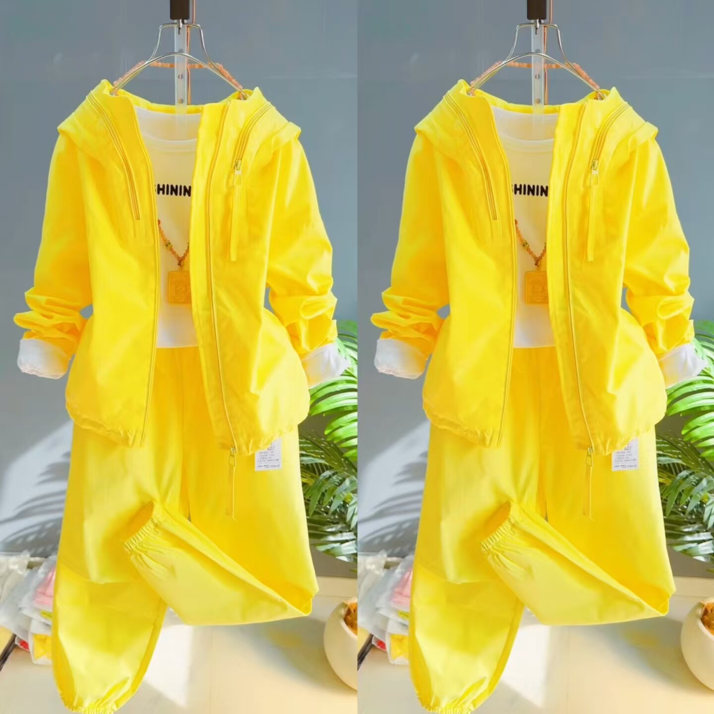 糖果色连帽两件套拉链短外套女宽松显瘦九分裤分体套青春减龄套装