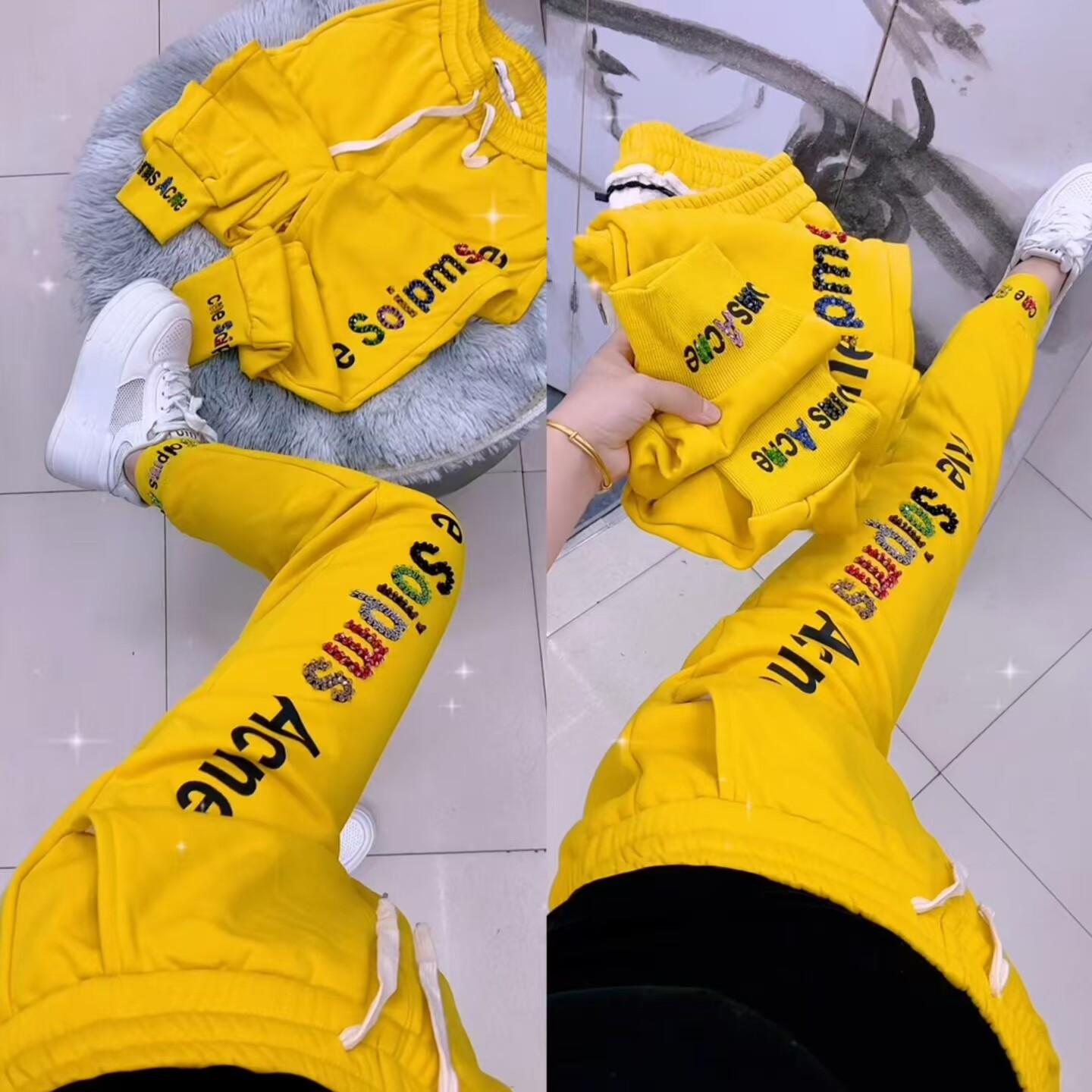 重工女士卫裤女九分松紧腰串珠运动裤2026年春季新款品质休闲裤潮