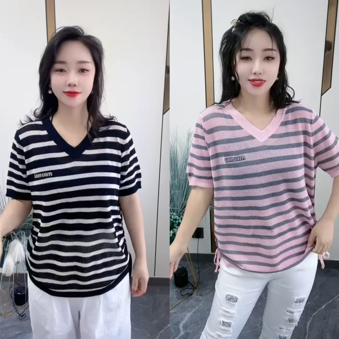 夏季条冰丝针织衫宽松遮肉显瘦V领半袖上衣轻薄透气百搭休闲短袖