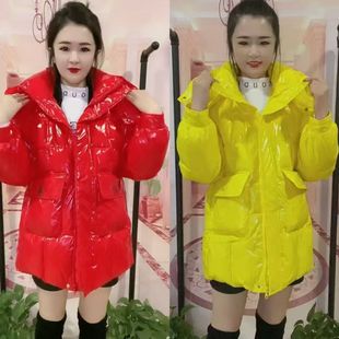 新款 亮面棉服女免洗连帽棉袄2025年冬糖果色喜庆棉衣外套 中长款