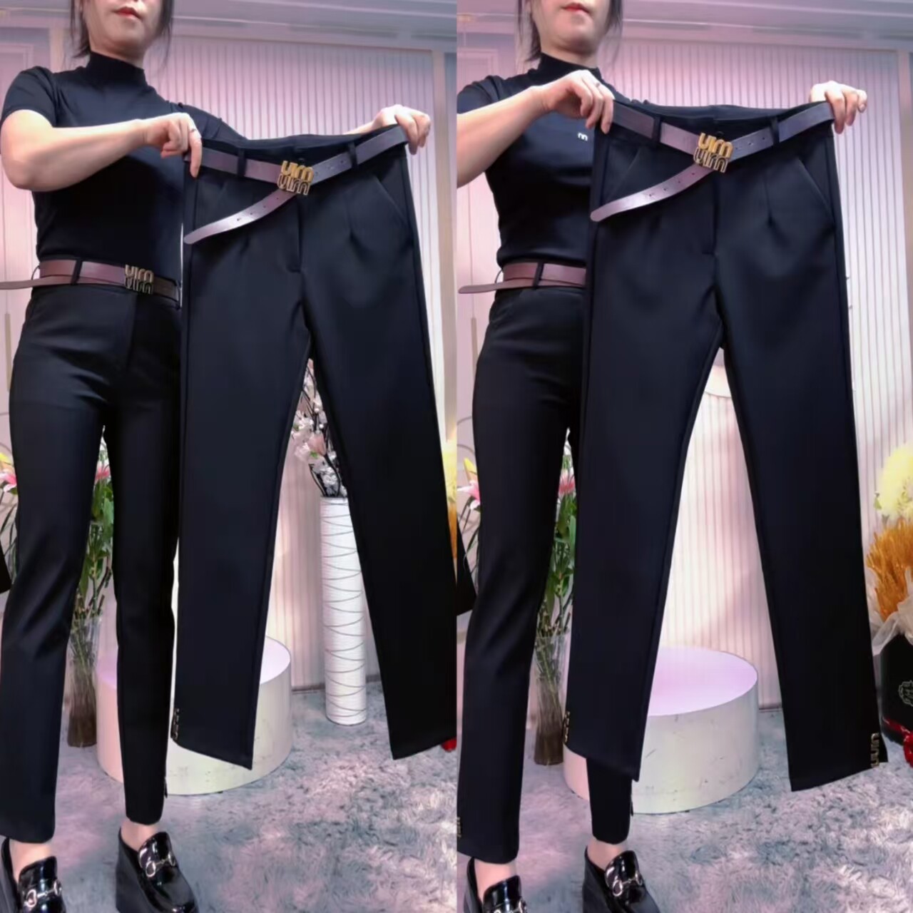 高腰弹力九分黑色显瘦直西装女裤