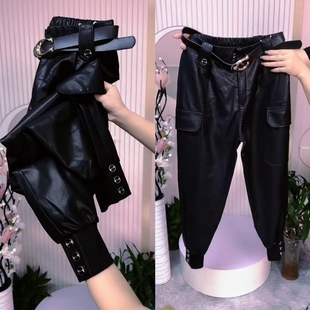 2025年束脚靴裤 秋季 女高腰宽松遮肉显瘦休闲裤 水洗pu马丁裤 新款