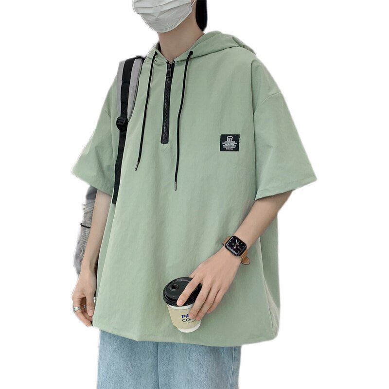 夏装连帽短袖宽松衬衫男防晒衬衣C302P45绿1,男装防晒衣,电商C323