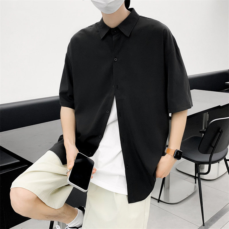 2025夏装黑色痞帅短袖燕尾衬衫男小众宽松冰丝衬衣C303P30黑,男装T恤,电商C323
