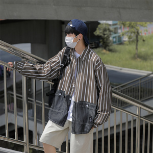 2025春季做旧长袖衬衫男条纹宽松休闲衬衣多口袋 C208P45图片
