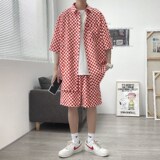 夏装格子短裤格子短袖衬衫休闲套装沙滩裤两件套TZ25P60，男装牛仔裤，电商C323