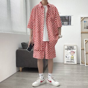 夏装格子短裤格子短袖衬衫休闲套装沙滩裤两件套 TZ25P60图片