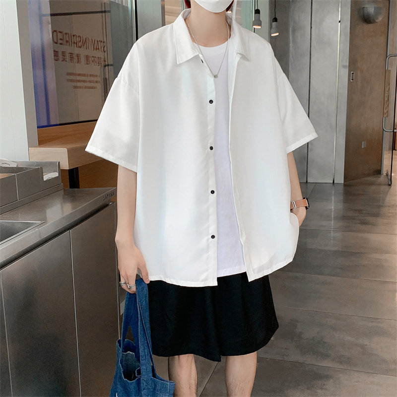 2025夏装黑色痞帅短袖燕尾衬衫男小众宽松冰丝衬衣C303P30白,男装T恤,电商C323