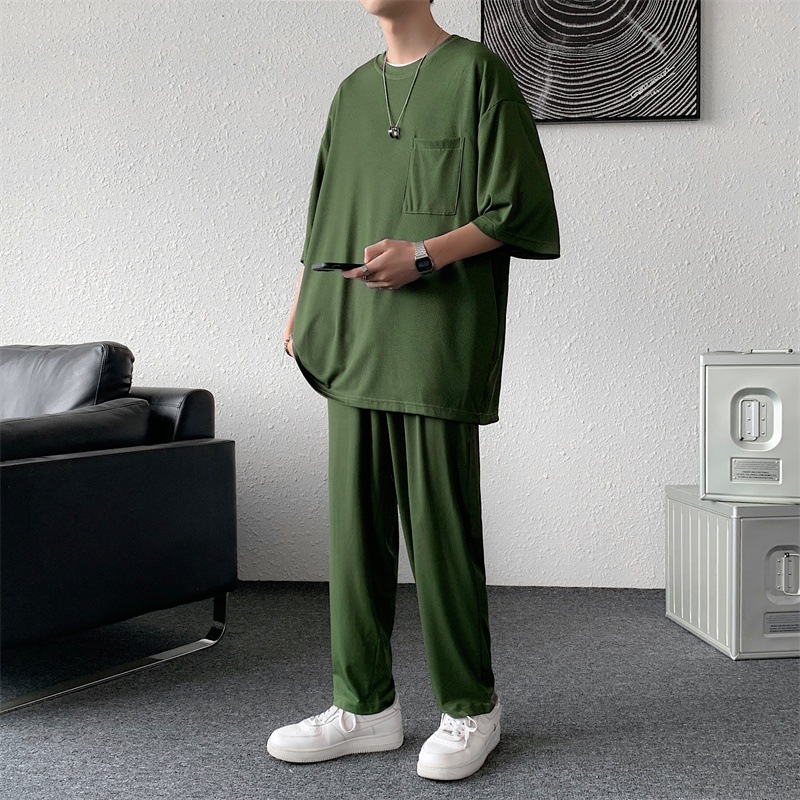 夏装短袖t恤九分裤波浪条纹冰丝套装男休闲套装TZ28P65绿色，男装休闲套装，电商C323
