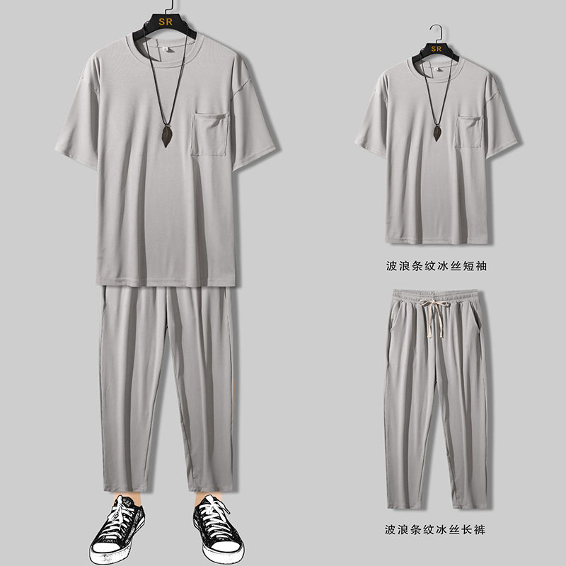 平铺夏装短袖t恤九分裤波浪条纹冰丝套装男休闲套装TZ28P65,男装T恤,电商C323