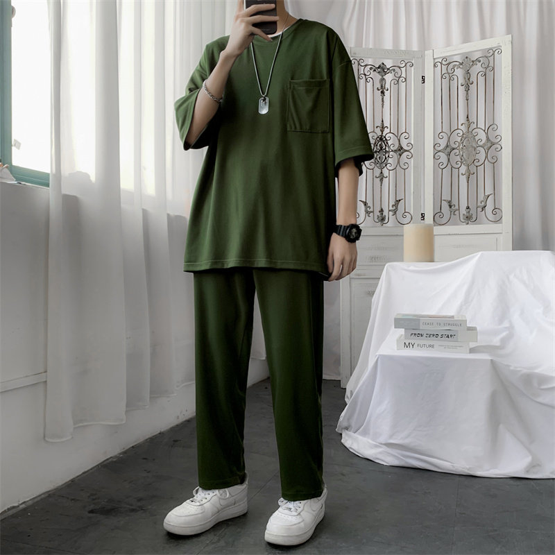 夏装圆领短袖t恤九分裤冰丝套装男大码休闲套装TZ28P65浅灰色,男装T恤,电商C323