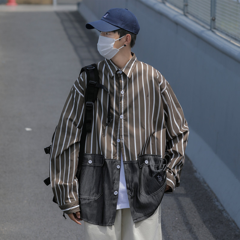 秋装男装条纹拼接做旧长袖衬衫 C208P45 咖啡图片