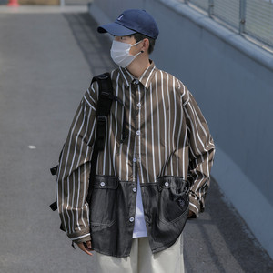 秋装男装条纹拼接做旧长袖衬衫 C208P45 咖啡图片
