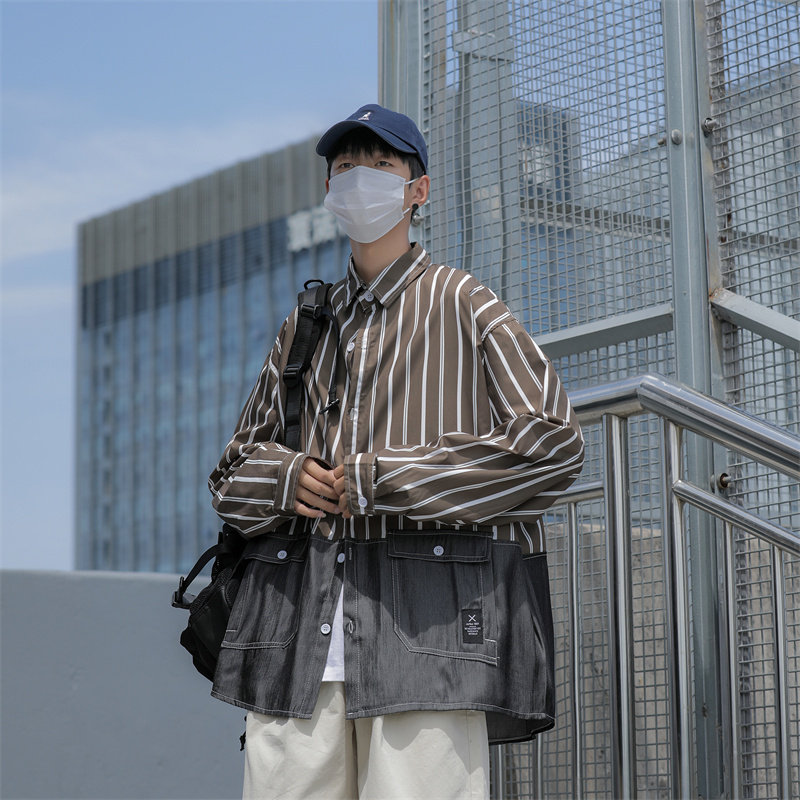 秋装男装条纹拼接做旧长袖衬衫C208P45藏青,男装衬衫,电商C323