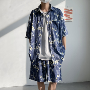 夏装原创花朵印花短裤短袖衬衫休闲套装沙滩裤两件套 TZ27P60图片