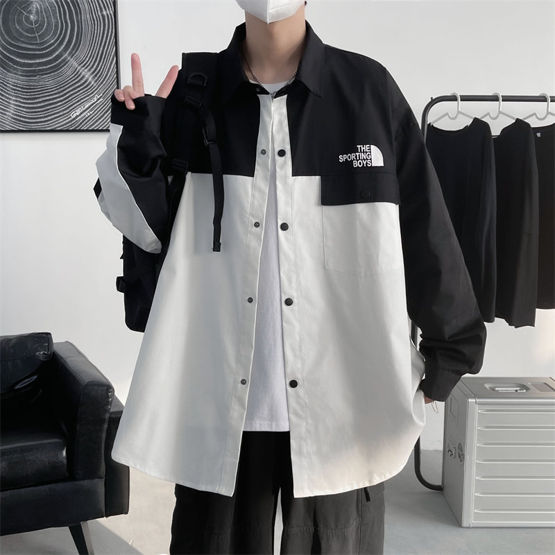 2025秋装男装拼色印花长袖纯棉宽松衬衫 C209P50图片
