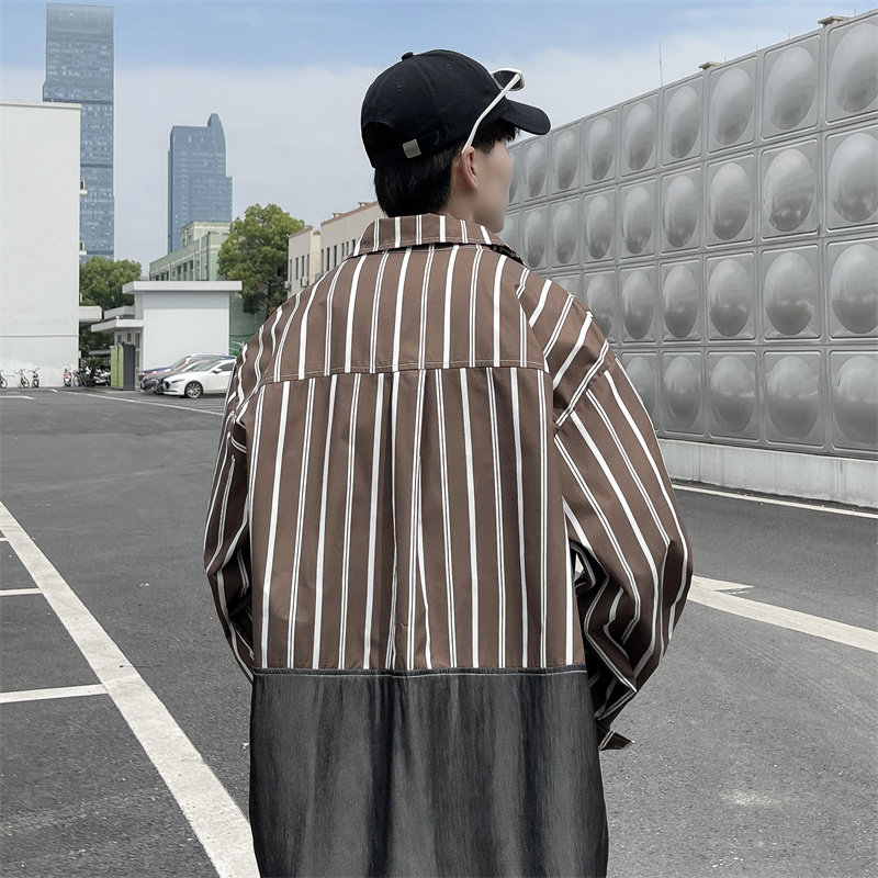 2025秋季做旧条纹撞色拼接长袖衬衫男潮流衬衣C208P45,男装衬衫,电商C323
