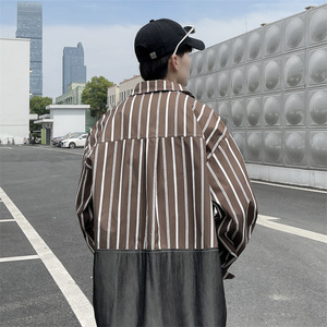 2025秋季做旧条纹撞色拼接长袖衬衫男潮流衬衣 C208P45图片