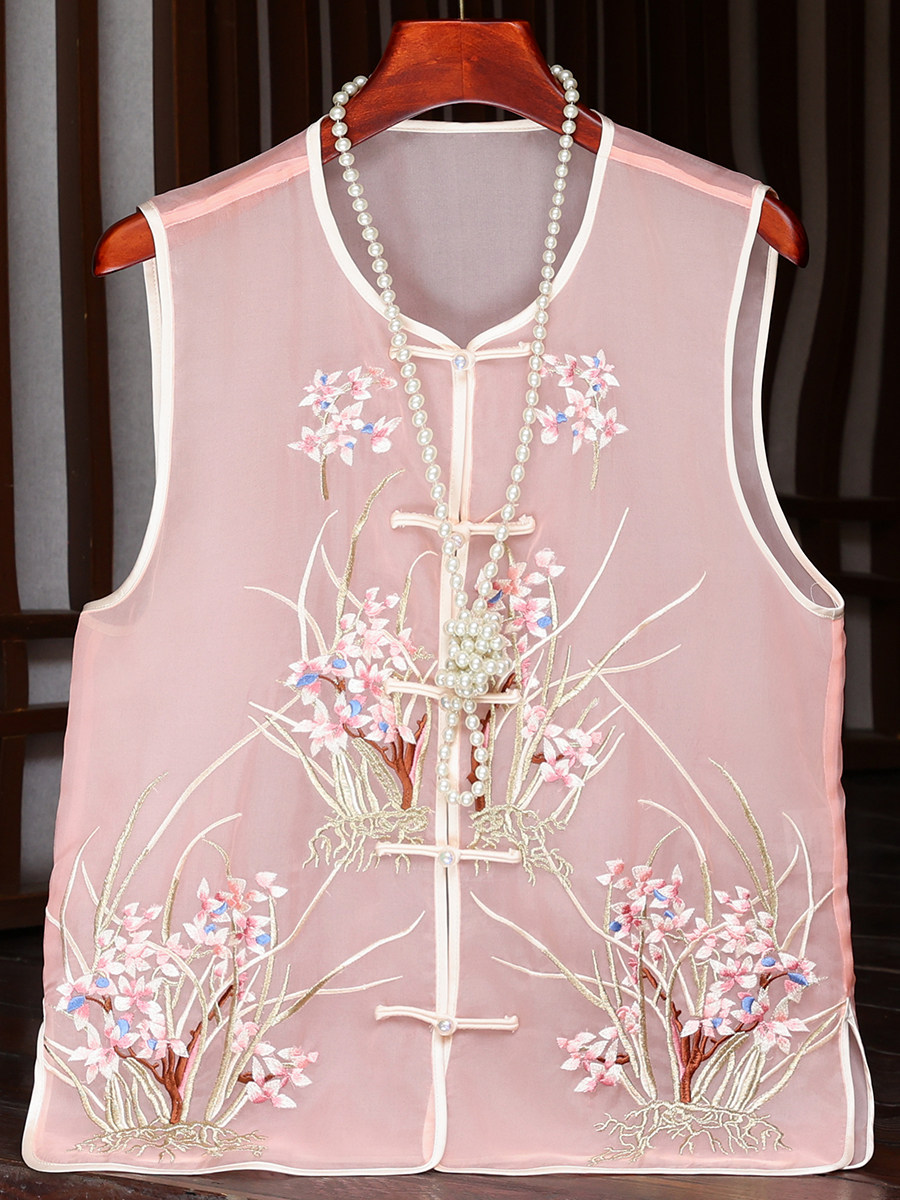 NEW CHINESE VEST WOMENS 2024 NEW SUMMER MULBERRY SILK HIGH-END BUCKLE EMBROIDERY IMPROVED HANFU OUTER TOP