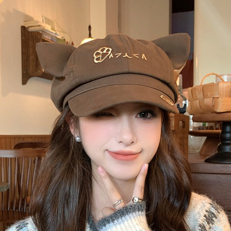 日系可爱卡通猫咪耳朵八角帽子女春秋甜美百搭大头围显脸小贝雷帽