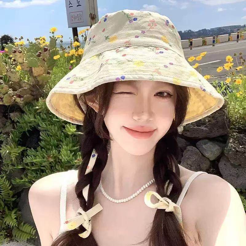 双面盆帽防晒小渔夫帽女夏季碎花甜美可爱大日系帽檐遮阳帽子显脸