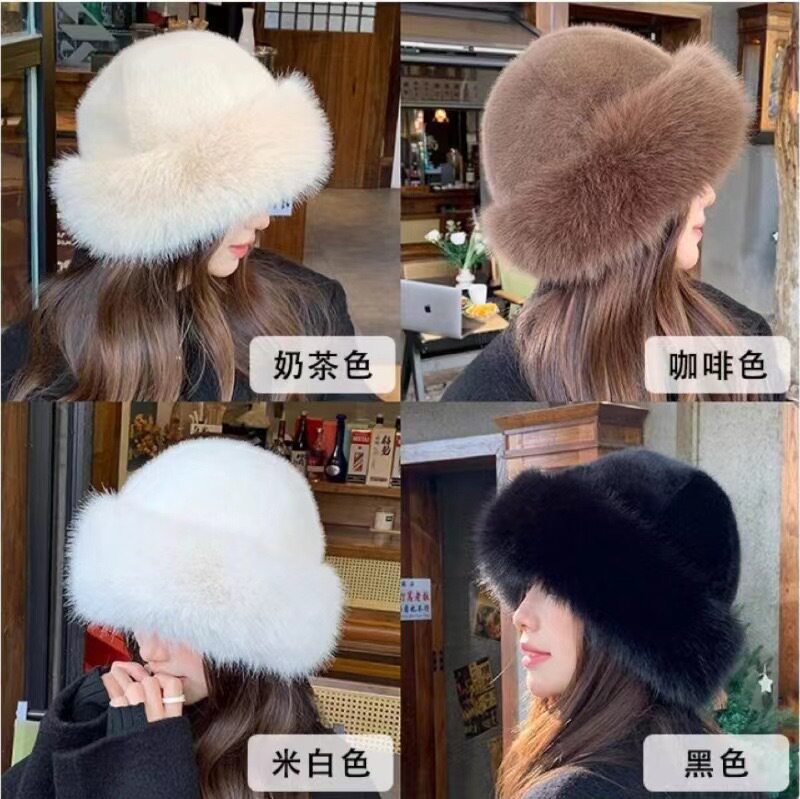 跨境毛绒蒙古帽子女加厚秋冬季防风防寒保暖盆帽仿貂毛护耳渔夫帽