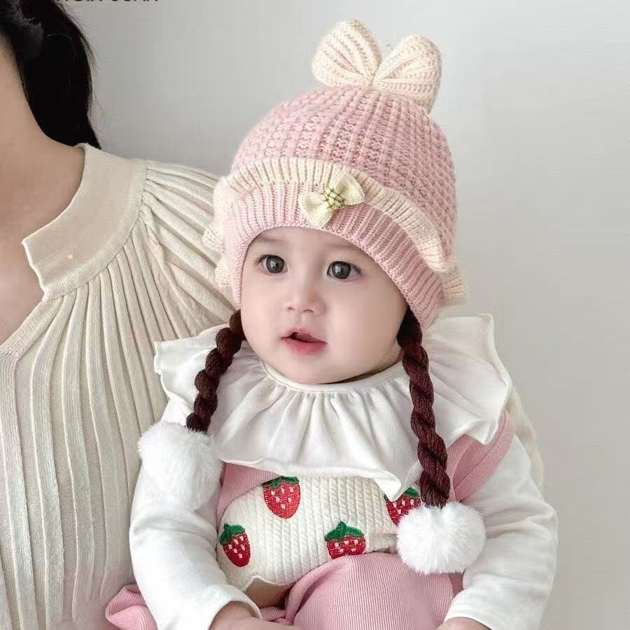 婴幼婴幼儿女童秋冬季冬季幼儿秋冬系韩套头帽头甜美帽子加厚可爱