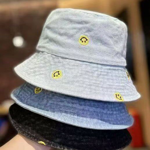 笑脸刺绣水洗牛仔渔夫帽女春秋季韩版遮阳帽子日系显脸小百搭盆帽