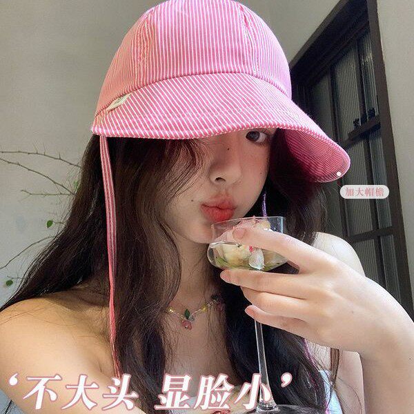 2026春夏新款清新条纹渔夫帽子女百搭出游防晒遮阳帽宽檐圆顶盆帽