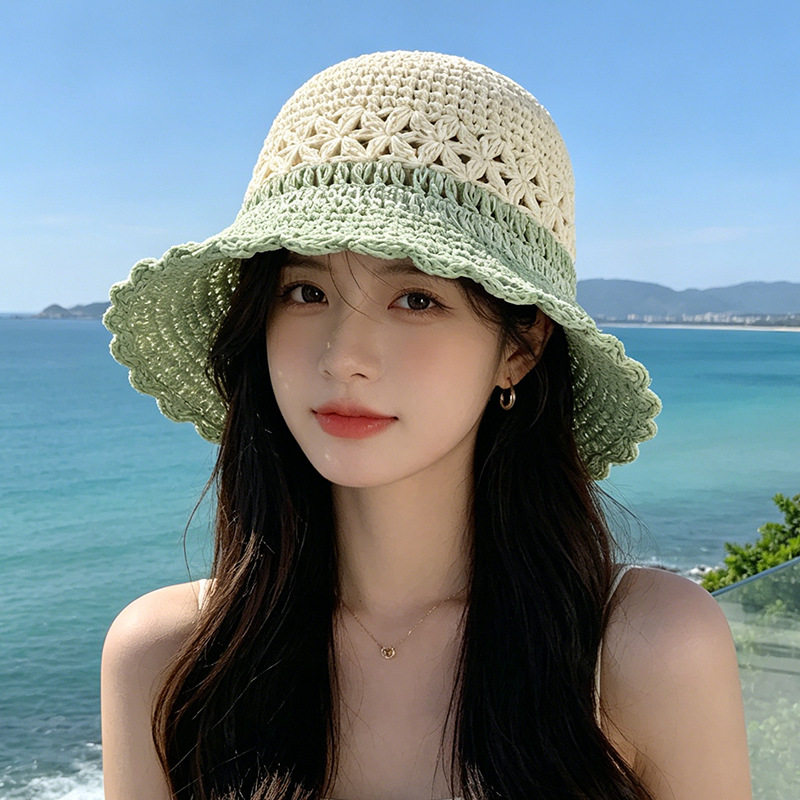 日系小清新大檐防晒遮阳草帽女春夏季可折叠镂空沙滩草帽显脸小潮