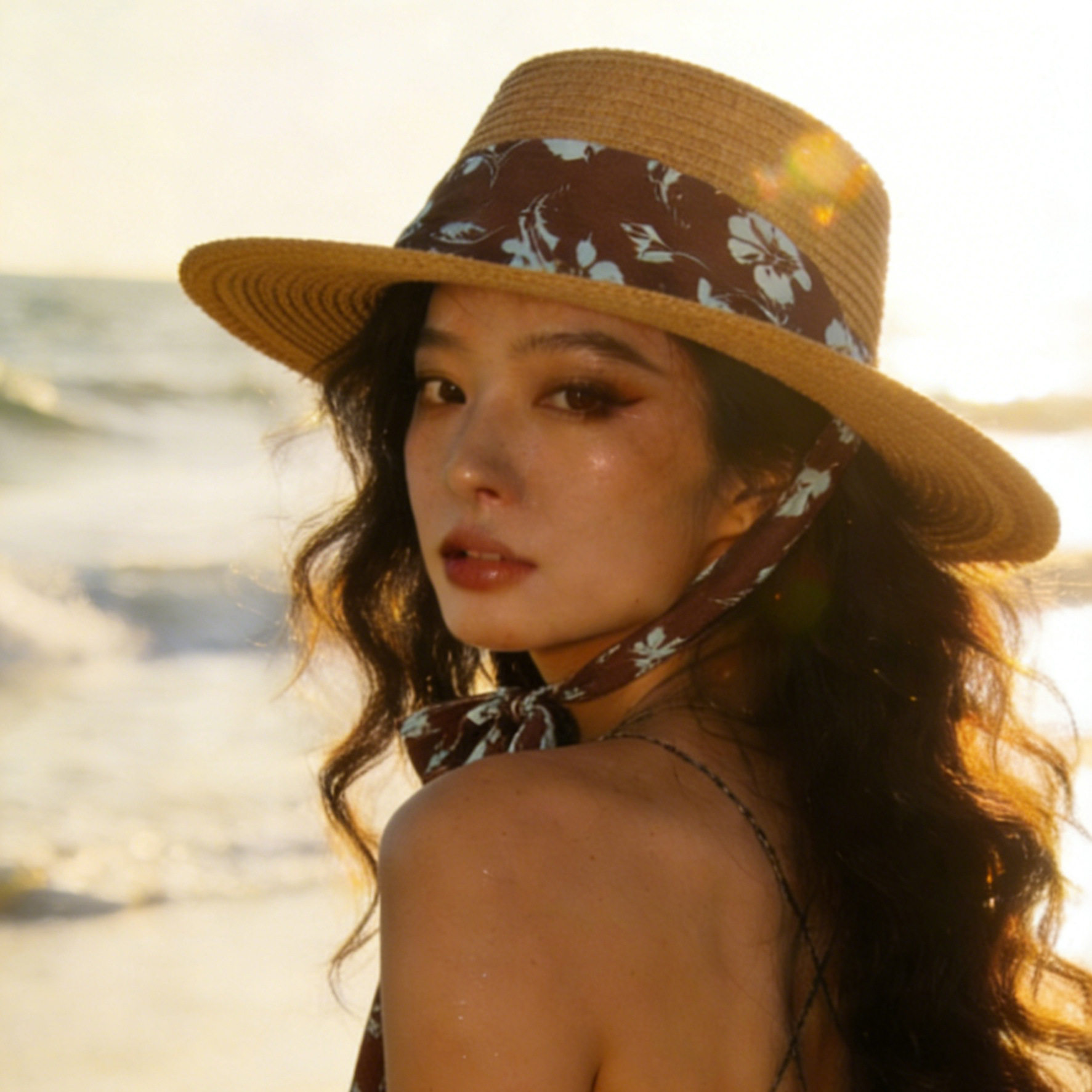一帽双戴平檐草帽女蝴蝶结遮阳帽透气防晒帽海边度假沙滩平顶帽子