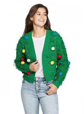 欧美外单 圣诞风彩色球流苏短款无扣针织衫毛衣开衫女24119