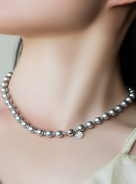 真多麻灰色珍珠项链夏磁吸扣简约高级感小众时尚轻奢百搭锁骨链